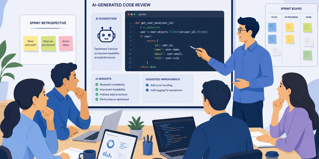 Engineering team reviewing AI-generated code during a sprint retrospective