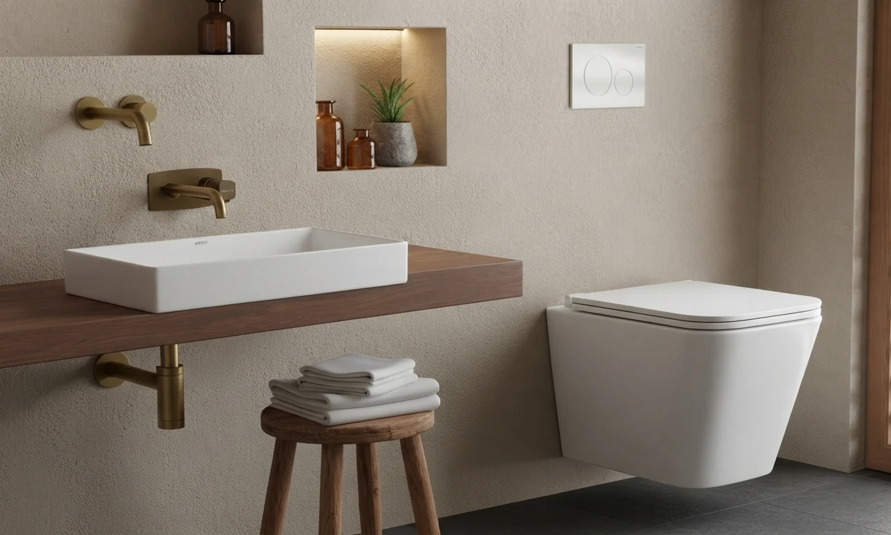 Wall hung toilet seat in a premium Indian bathroom with stone basin and modern fittings