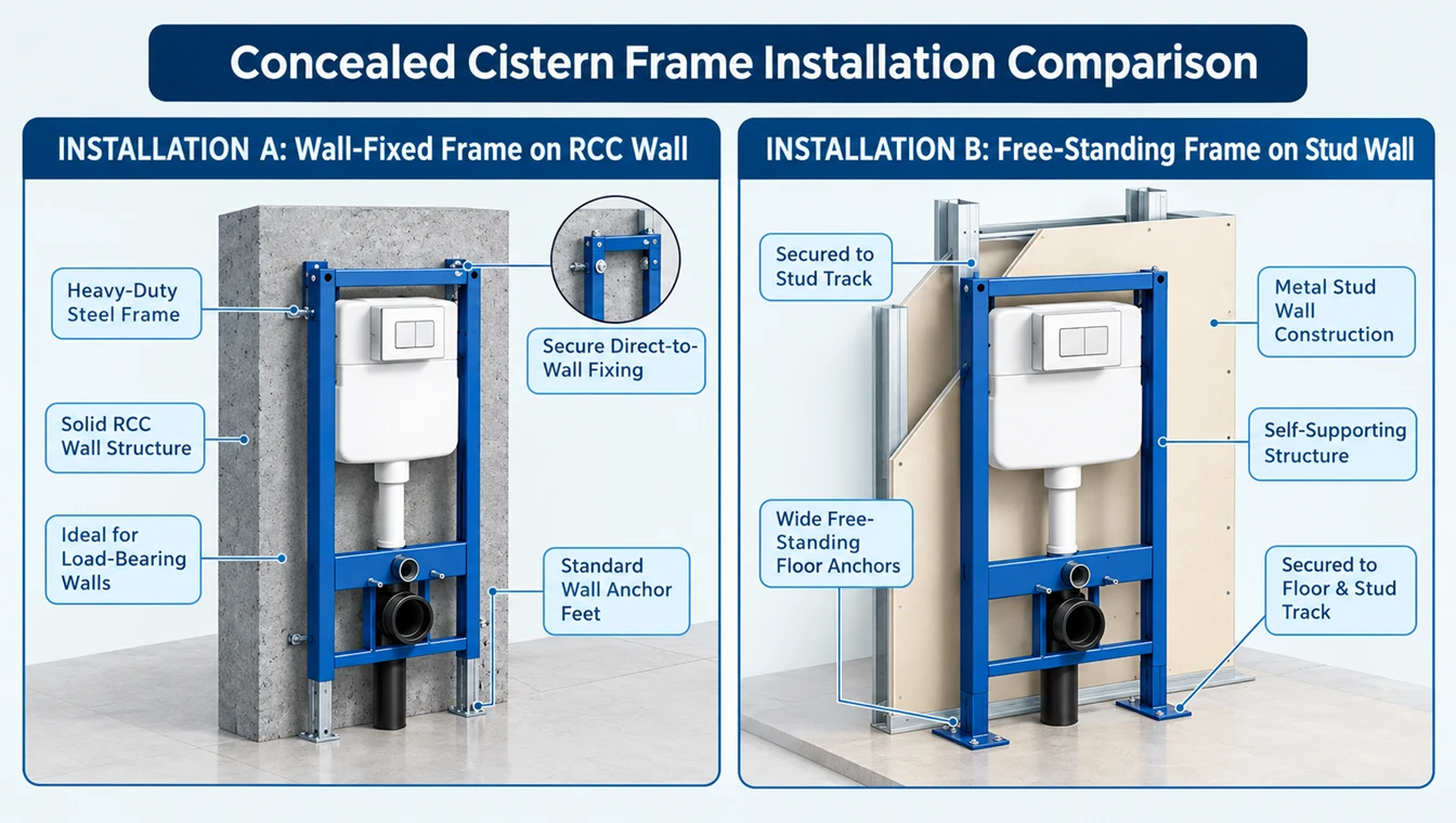 Wall hung toilet frame installation on RCC wall vs stud wall