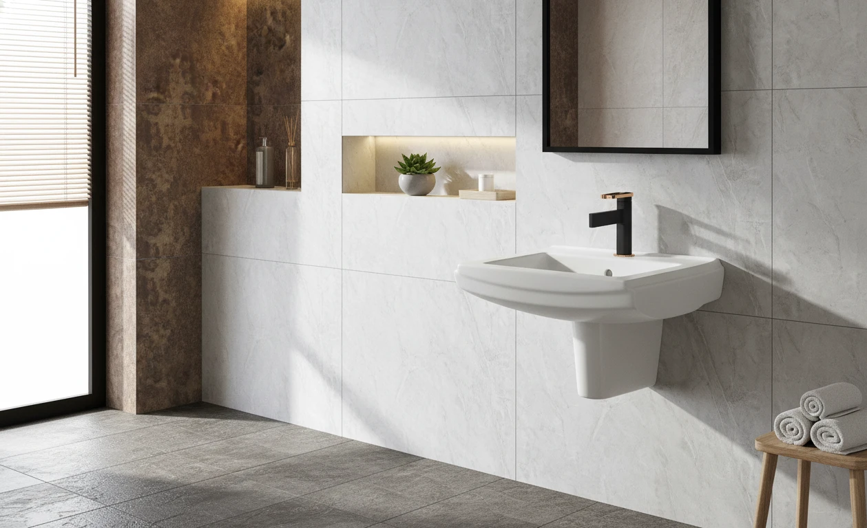 Kerovit wall mounted washbasin in a compact Indian bathroom with clear floor space